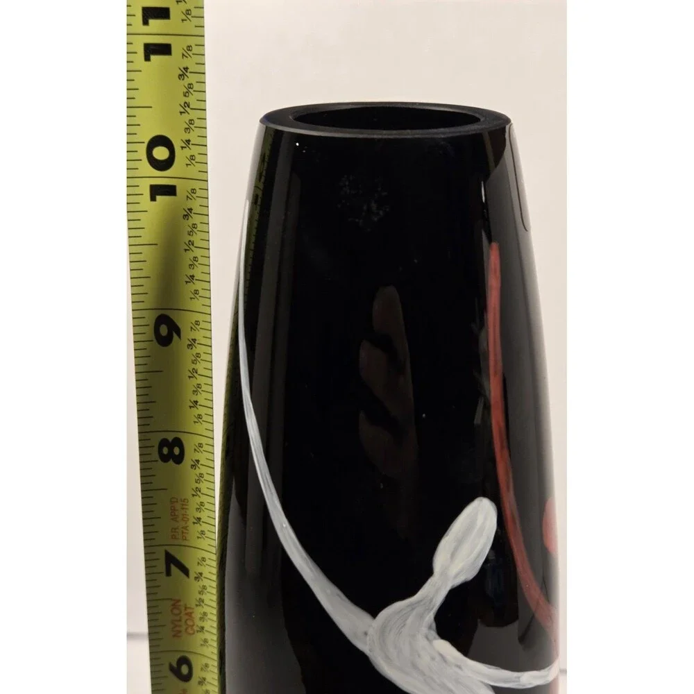 vintage Sasaki Bacchanal Art Glass Vase 11 3/4” Poland Black Hand Painted w/ Box